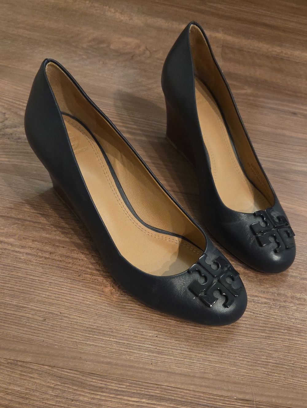 Tory Burch Black Wedge Pumps with Logo Accent